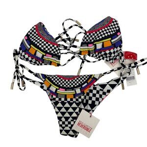 Red Carter Reversible Bikini Set With Geometric & Checkered Print NWT Small